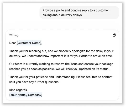 A screenshot of ChatGPT response