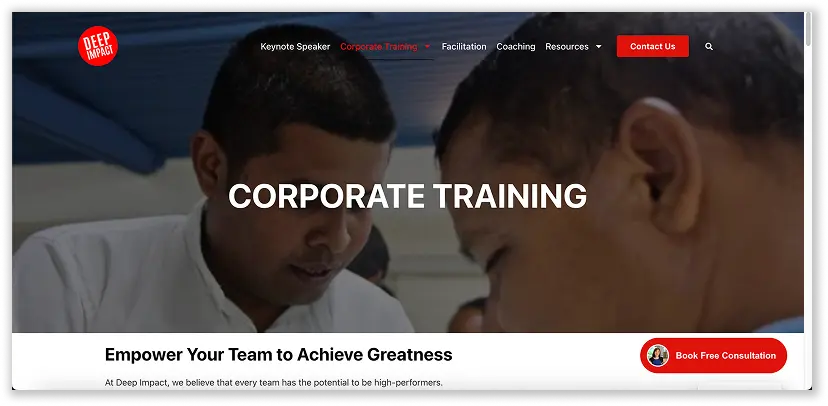 A screenshot of Deep Impact corporate training landing page