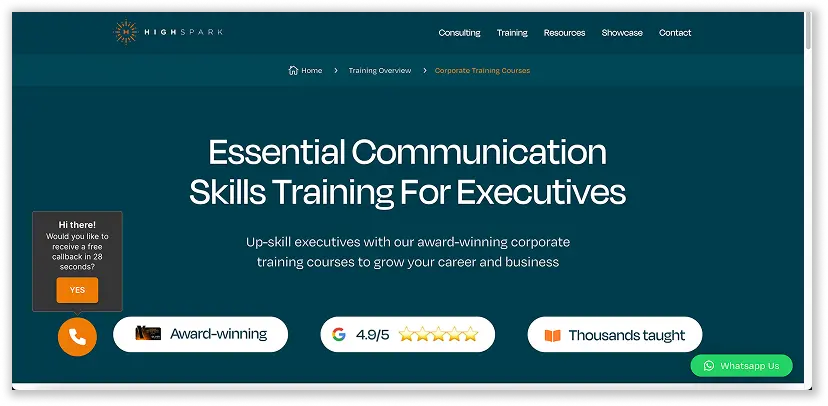 A screenshot of HighSpark corporate training landing page