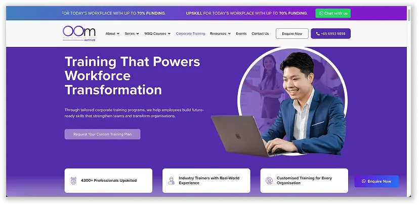 A screenshot of OOm Institute corporate training landing page