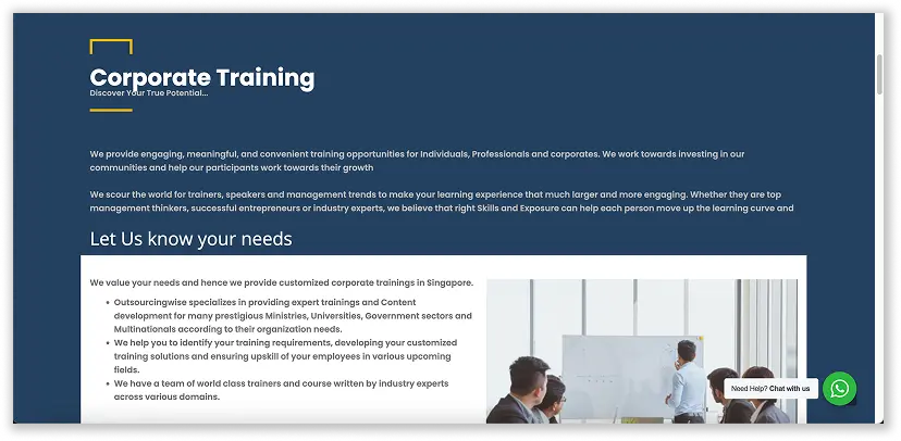A screenshot of Oursourcing Wise corporate training landing page