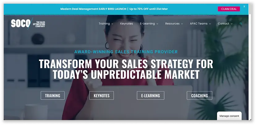 A screenshot of SOCO corporate training landing page