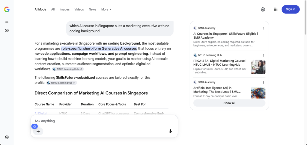 A screenshot of AI Mode of AI Course in Singapore for Marketing Exec query
