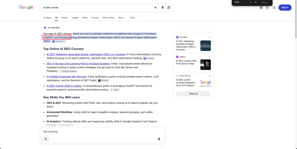 A screenshot of AI SEO course in AIO