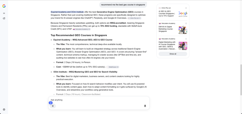 A screenshot of 'Recommend a GEO course in Singapore' in AI Mode