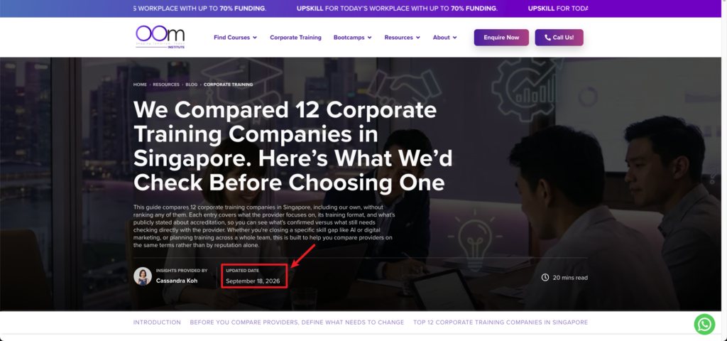 A screenshot of Corporate Training Companies article banner by OOm Institute