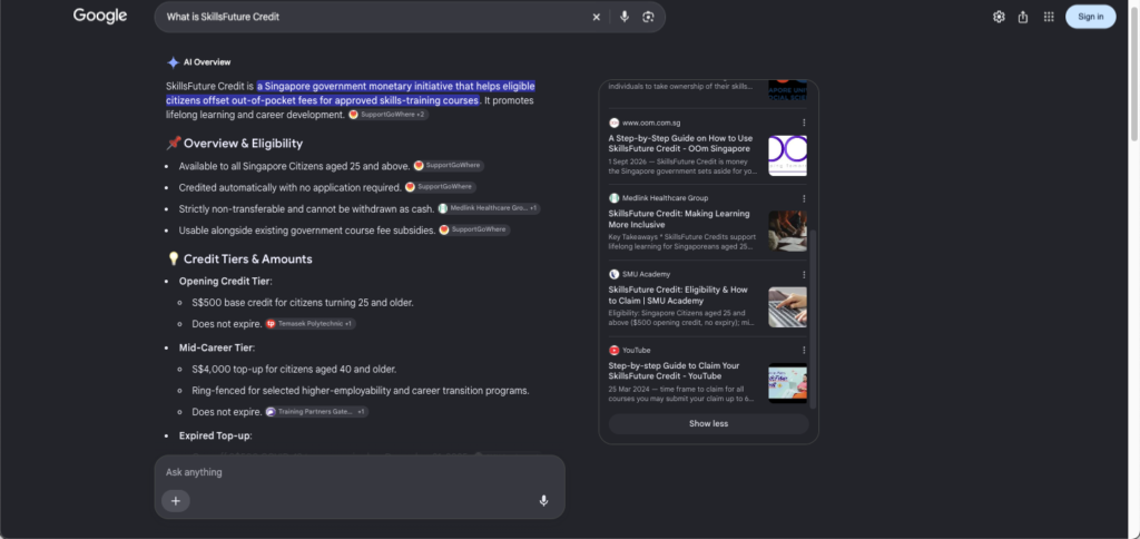 A screenshot of AIO of What is SkillsFuture Credit query