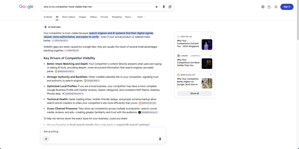 A screenshot of Why is my competitor more visible than me in AI Overview