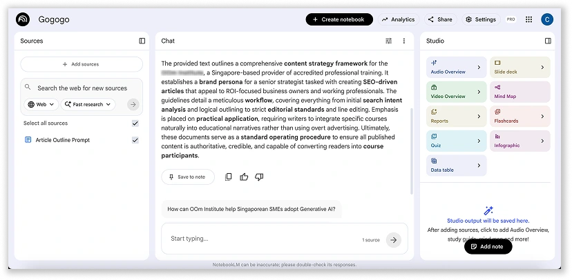 Screenshot of NotebookLM by OOm Insitute