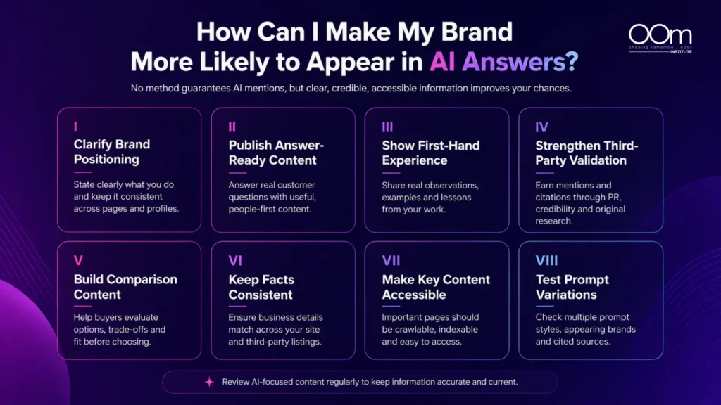 Infographic of how can I make my brand more likely to appear in AI answers by OOm Institute