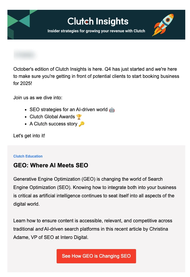 Screenshot of Clutchs email newsletter