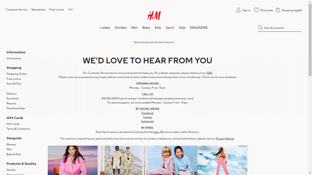 Example Of Contact Page From H&M