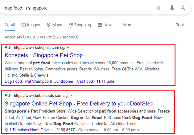 google ad on the upper side