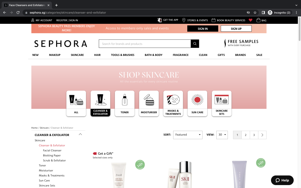 Sephora Landing Page For Cleanser And Exfoliator Page