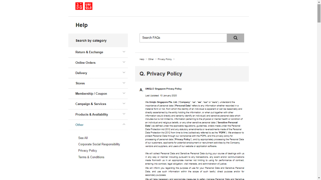 Example Of Privacy Policy From UNIQLO