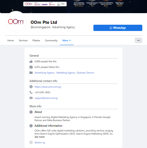 The About page of the Facebook profile of OOm Pte Ltd