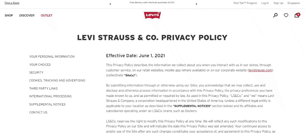 Privacy Policy Page Of Levis