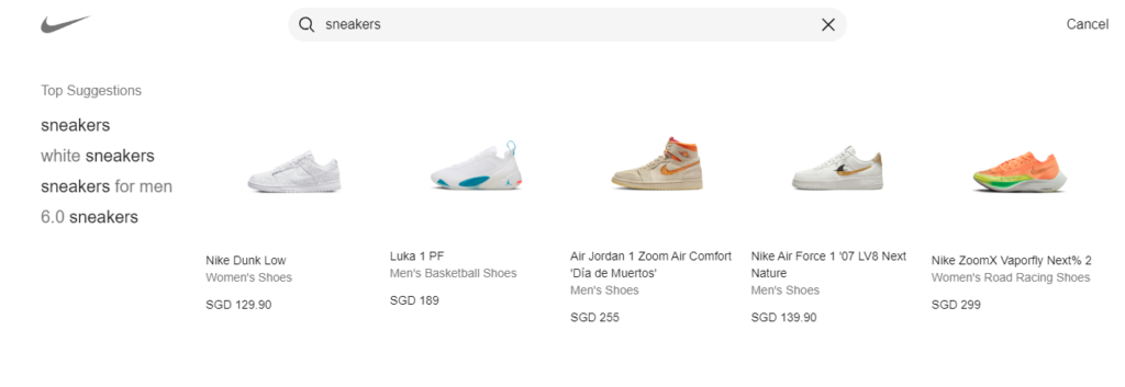 Nike’s search function desktop view