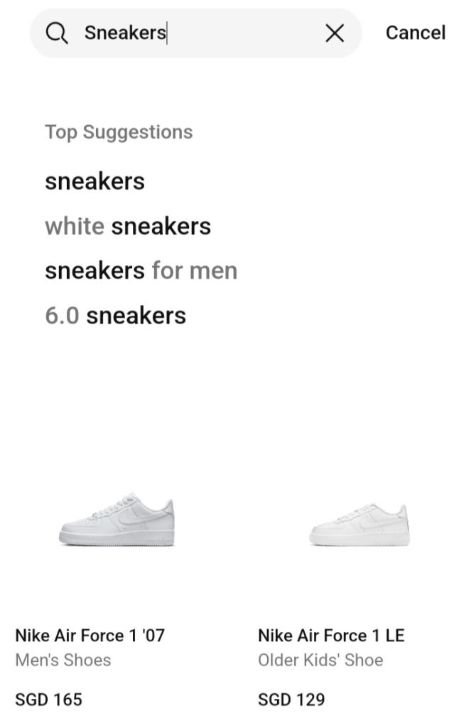 Nike’s search function mobile view
