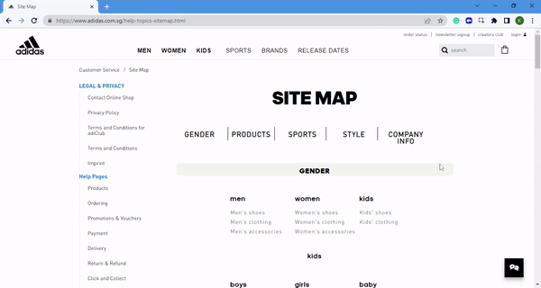 Example of sitemap from Adidas