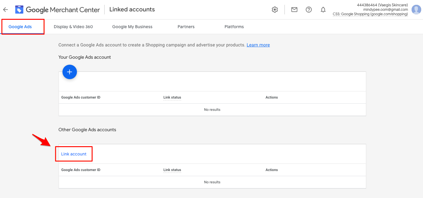 Google Merchant Centre Link Account