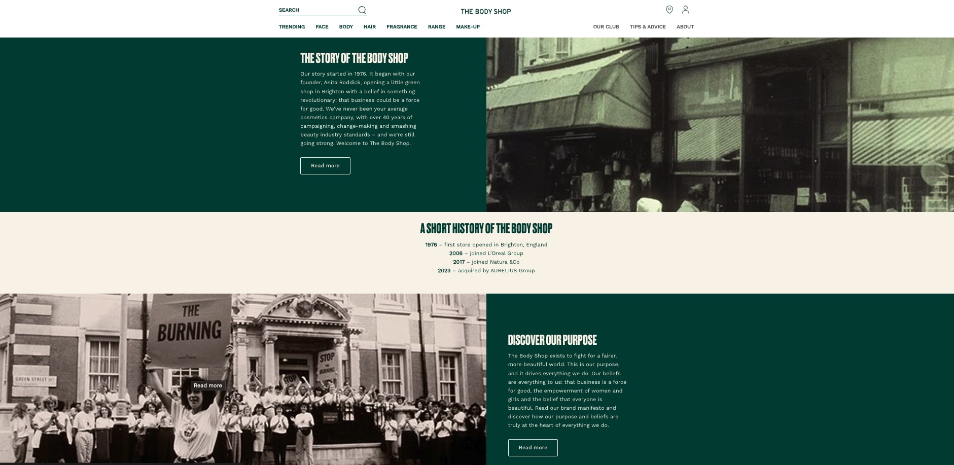 Example of About Us page from The Body Shop