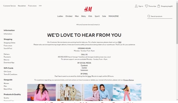 Example of a contact page from H&M