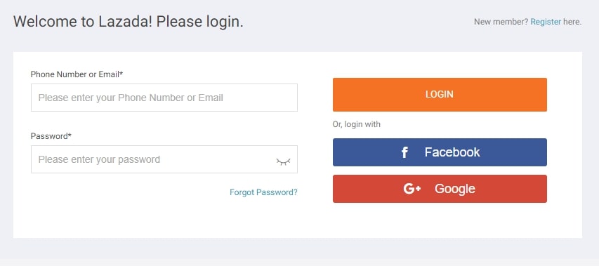 Example of account sign-up and login page from Lazada