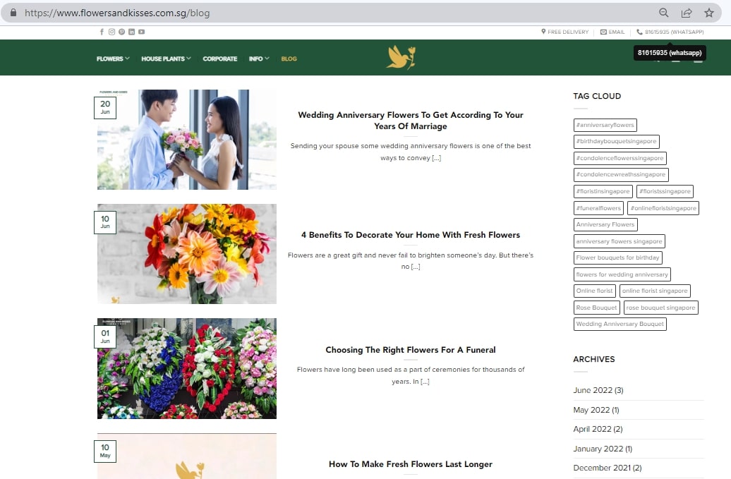 Example of blog page from Flowers and Kisses