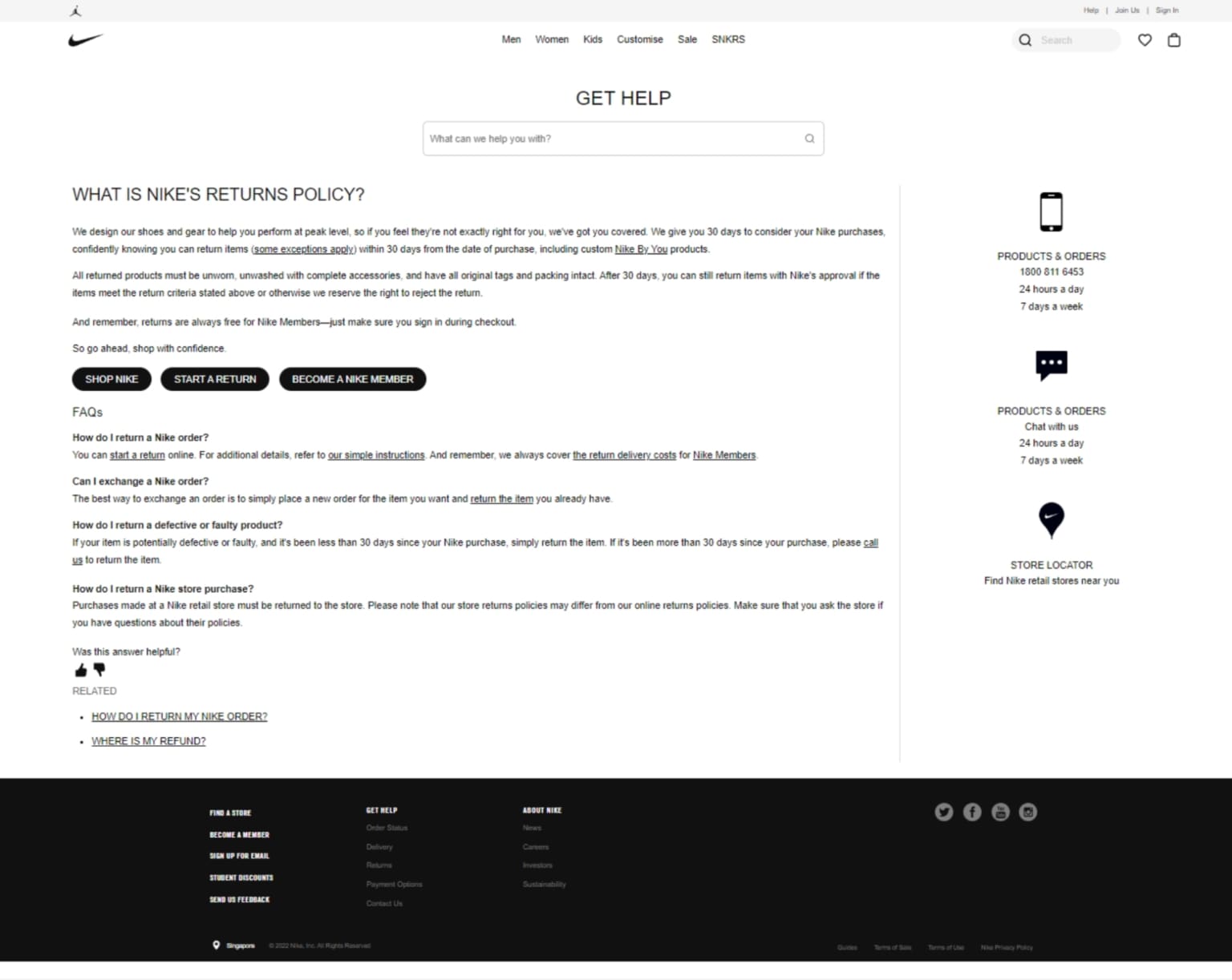 Example of shipping and return policy from Nike
