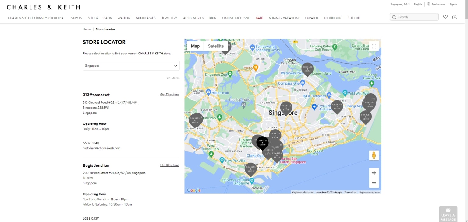 Example of store locator page from Charles & Keith