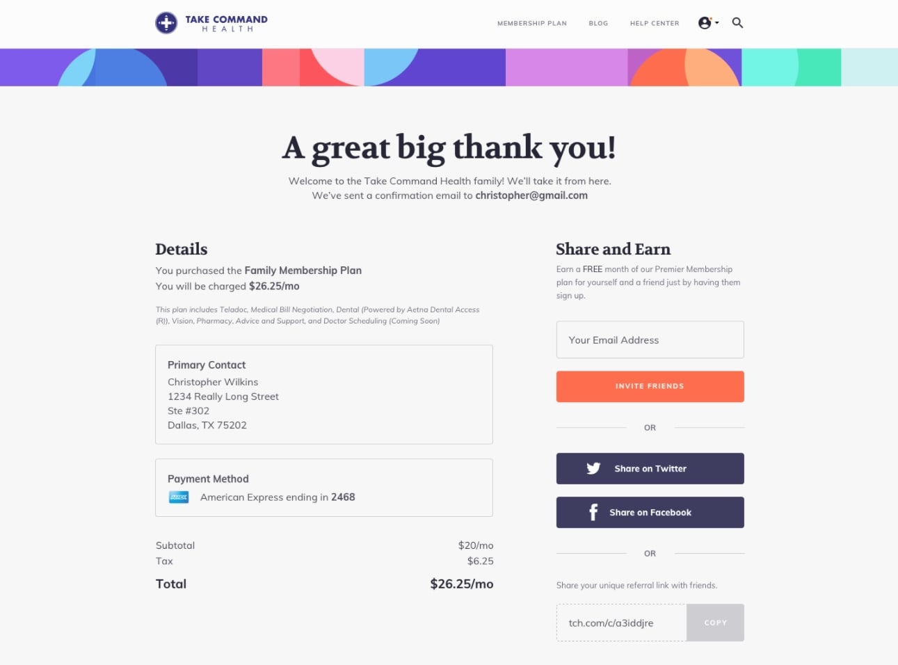 Example of thank you page from Take Command Health.