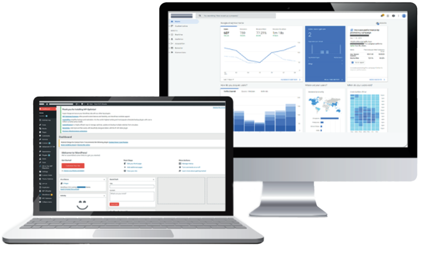 Website analytics and WordPress dashboard on screens (if applicable)