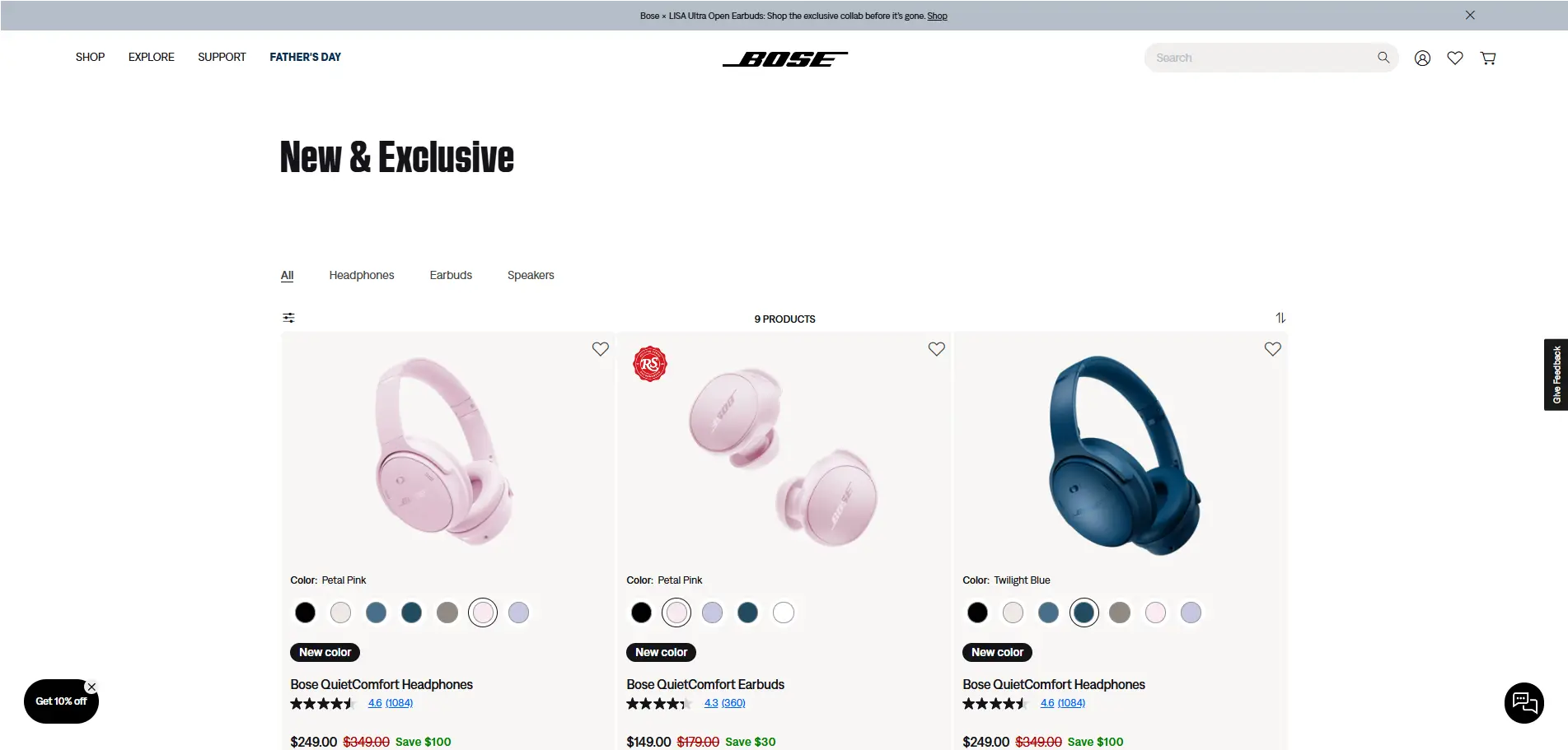 Bose product page with interactive visuals and tech-focused design