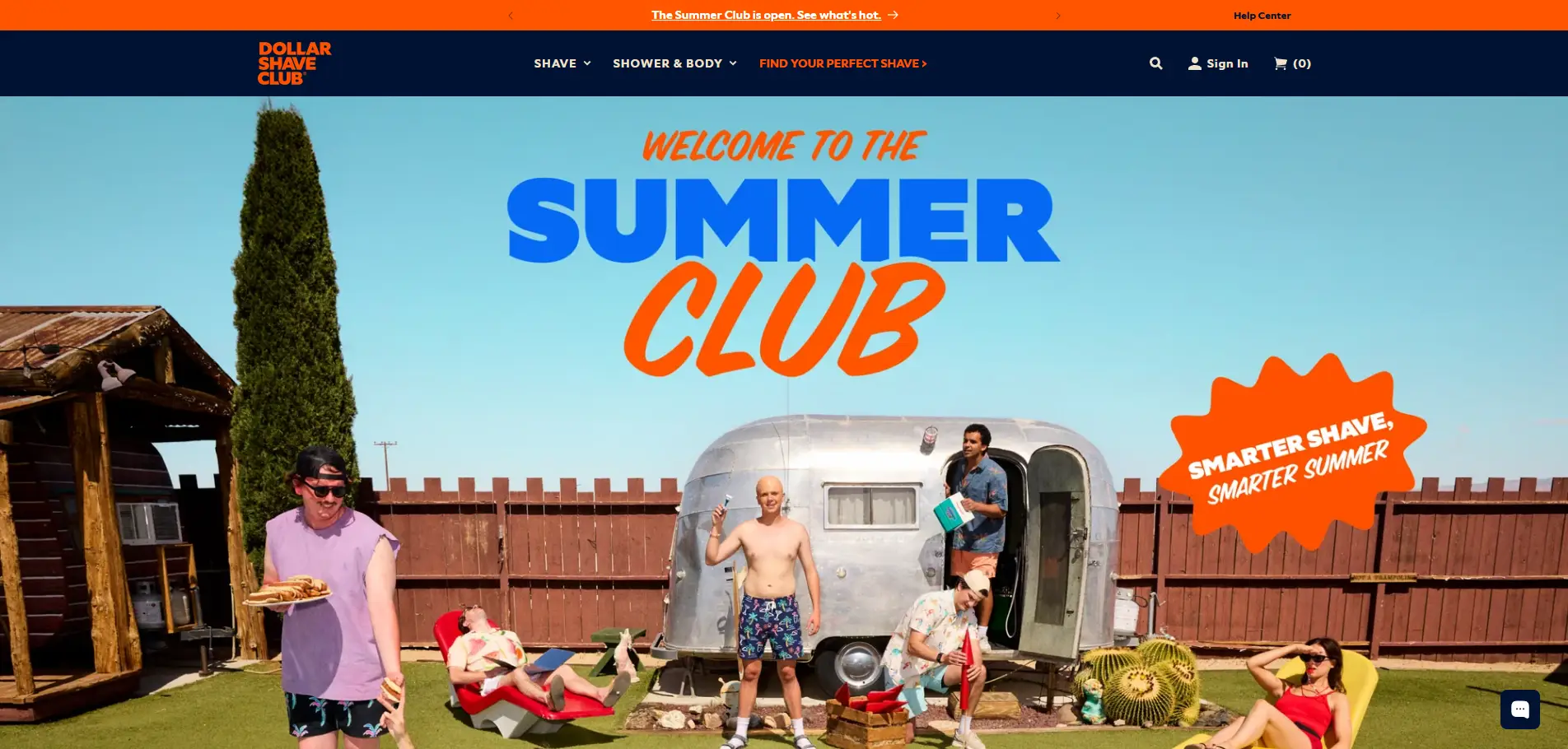 Dollar Shave Club homepage with playful summer-themed design