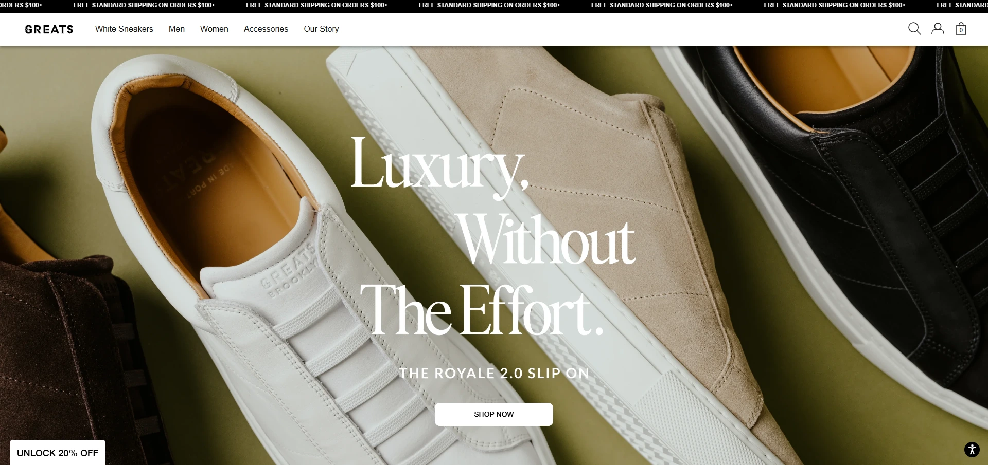 Greats site showcasing sleek shoe design and neutral tones