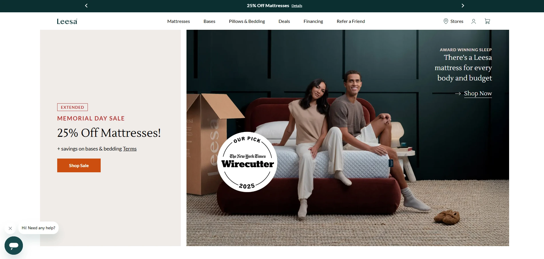 Leesa website with lifestyle image and trust-focused product layout
