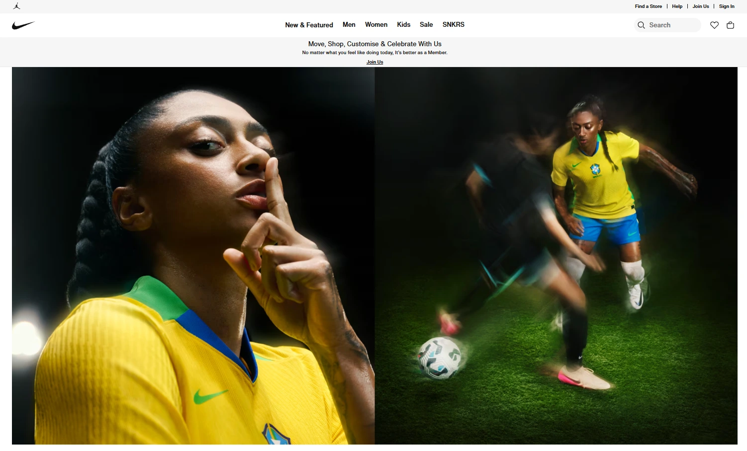 Nike website with dynamic visuals and athlete-focused design