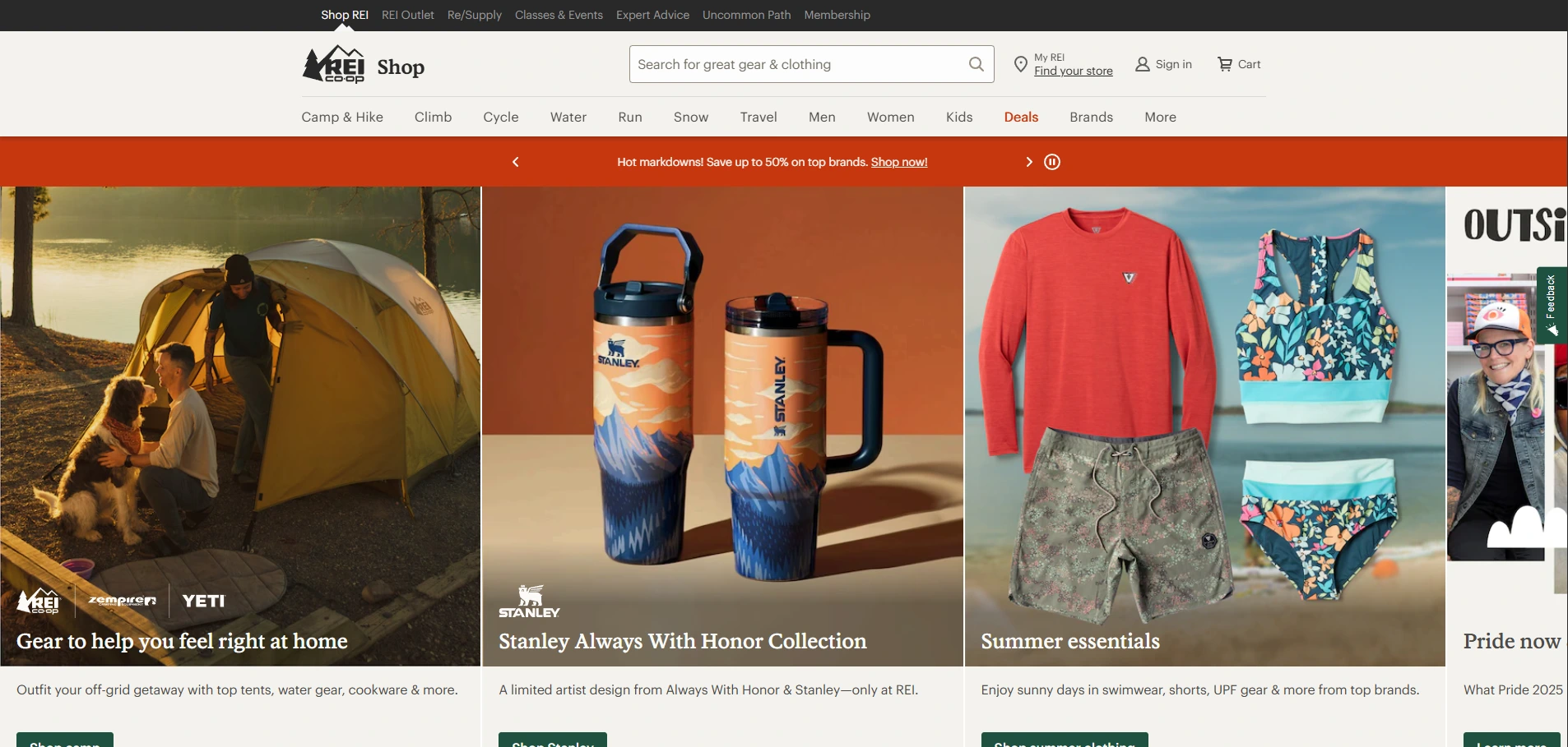 REI ecommerce homepage with product highlights and expert content