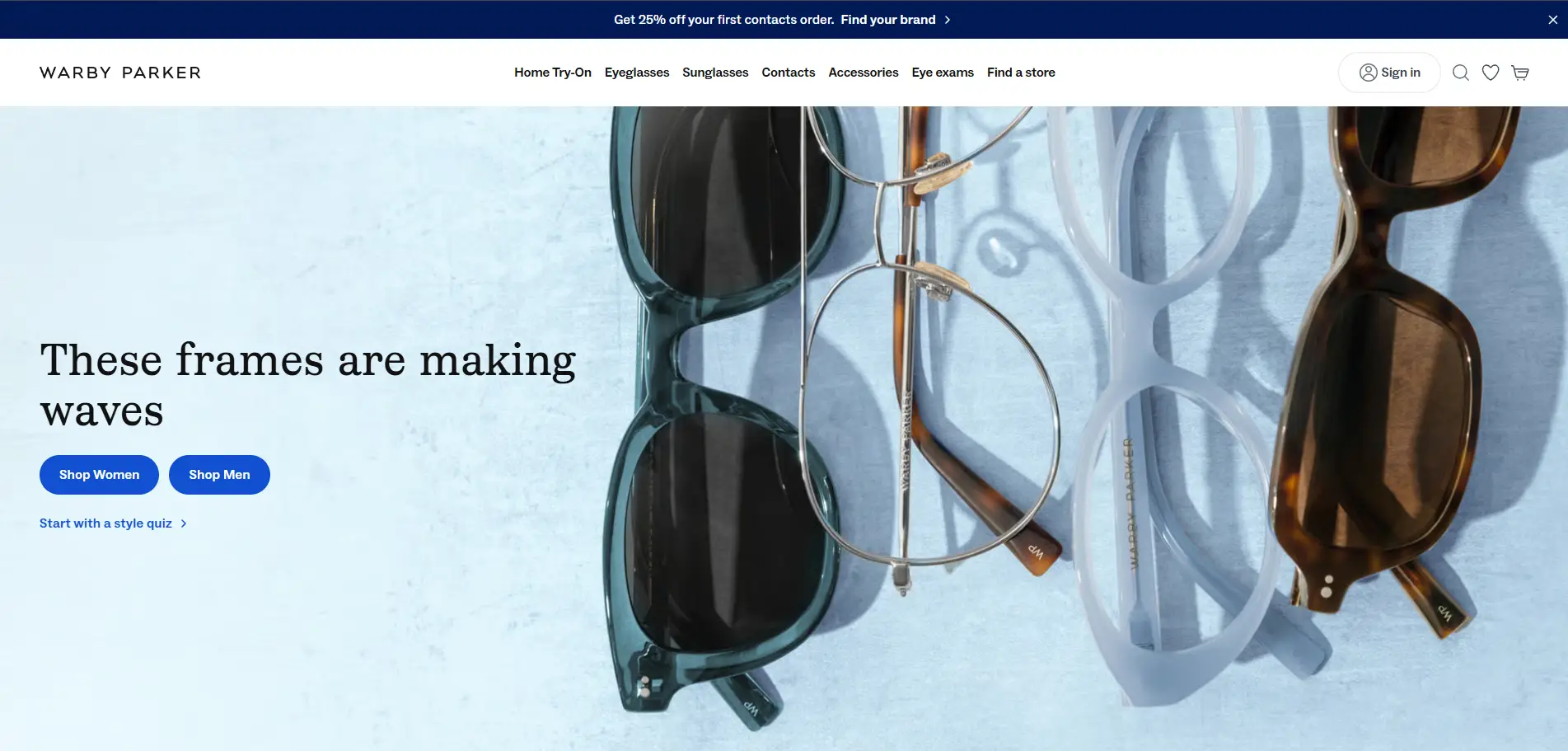 Warby Parker website with virtual try-on and clear navigation