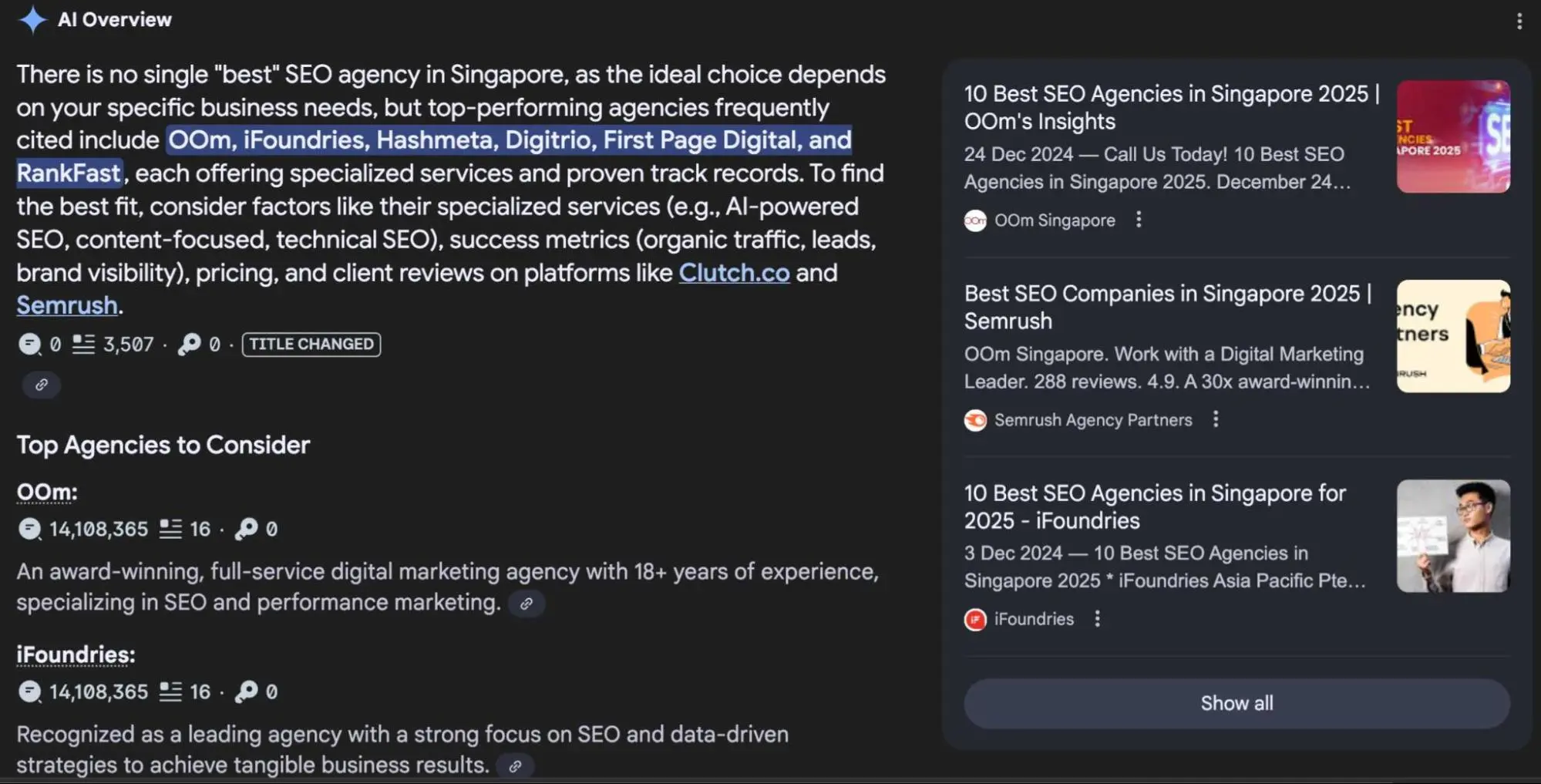 AI Overview in search results for SEO agencies