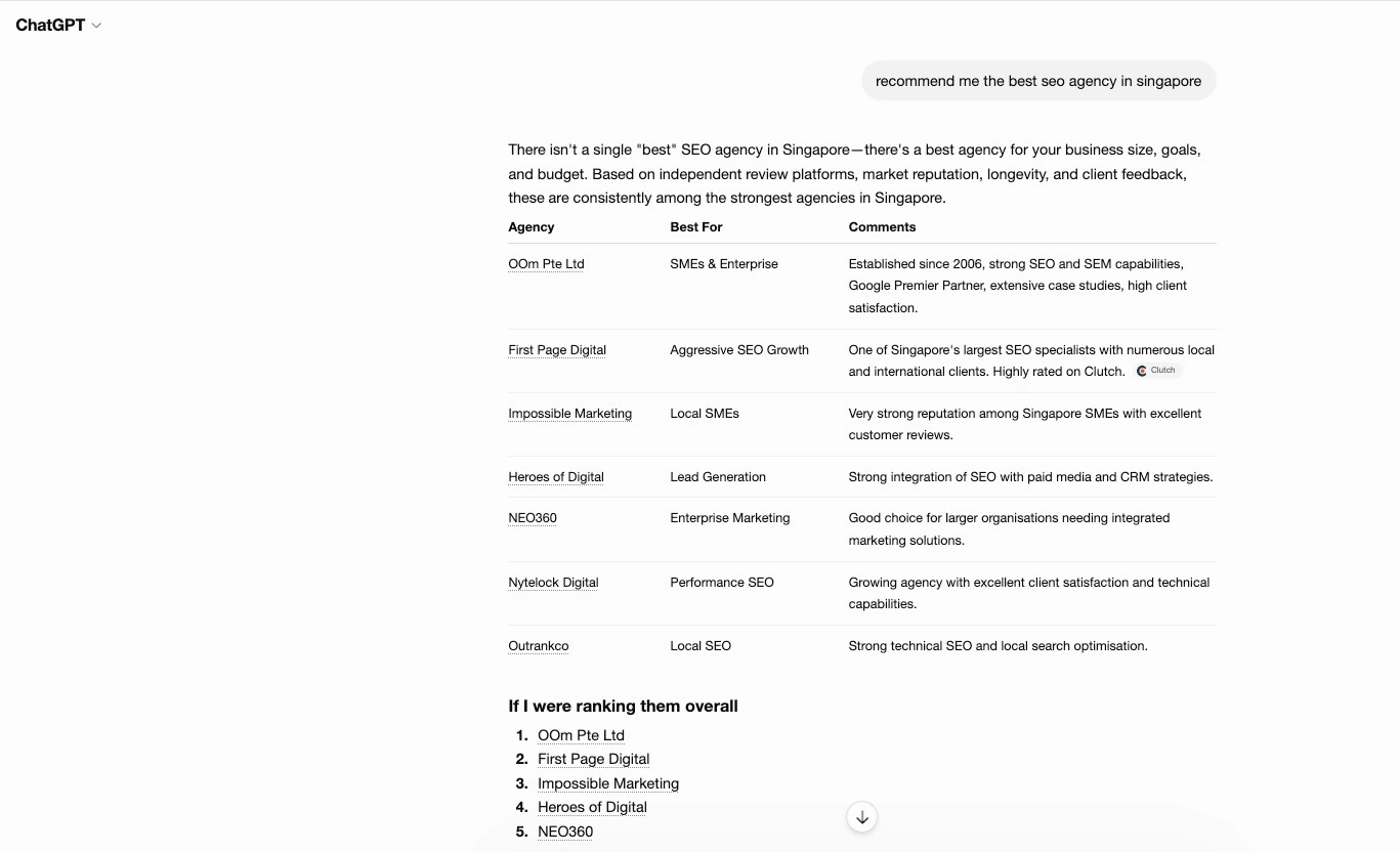 SCREENSHOT ChatGPT response recommending OOm as a top Singapore SEO agency, captured [9 July 2026]