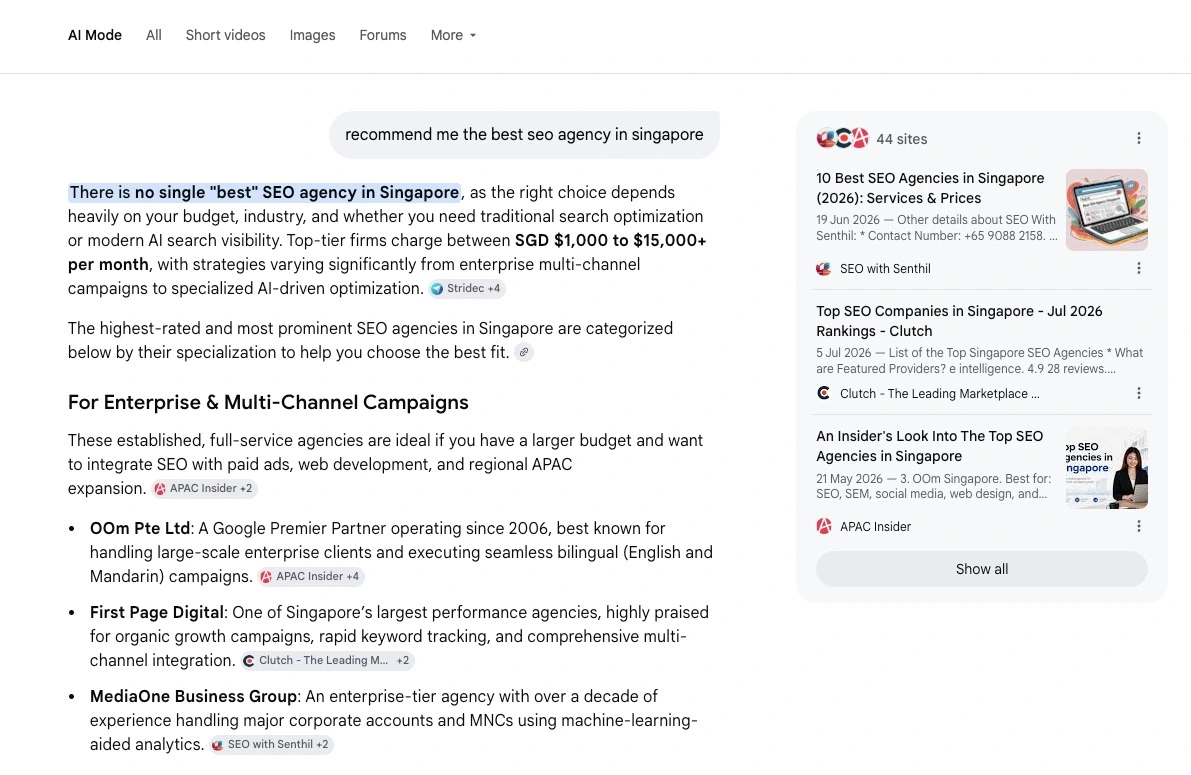SCREENSHOT Google AI Mode response citing OOm among top-ranked agencies, captured [9 July 2026]