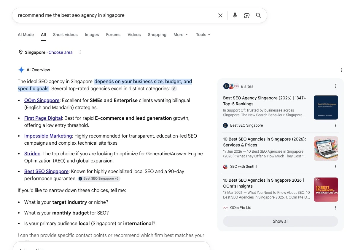 SCREENSHOT Google AI Overview citing OOm's Best SEO Agencies in Singapore page